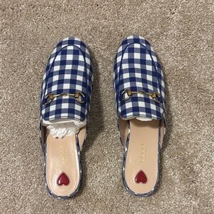 Gucci Navy and White Gingham Horsebit Mules